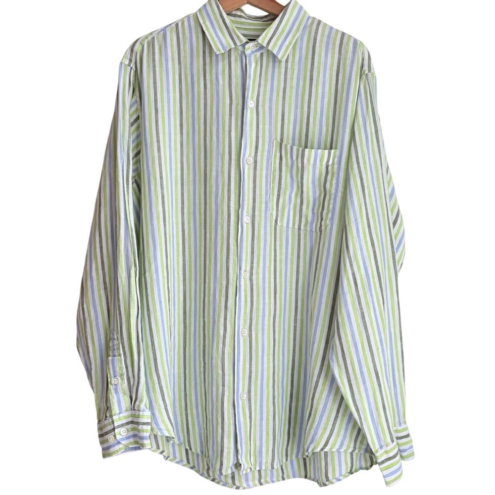 Banana Republic Mens L Linen Striped Button Front Shirt‎ Long Sleeve Green Blue